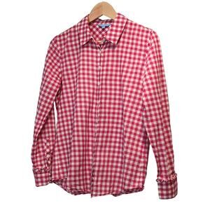 Draper James Picnic Plaid Button Front Shirt Red White Cotton Womens Size 4